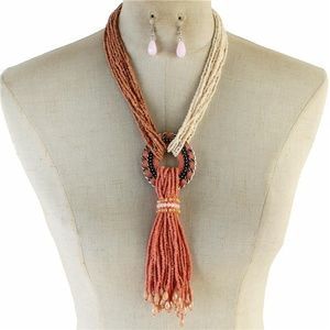 Multi Strand Peach Cream Tassel Necklace Set